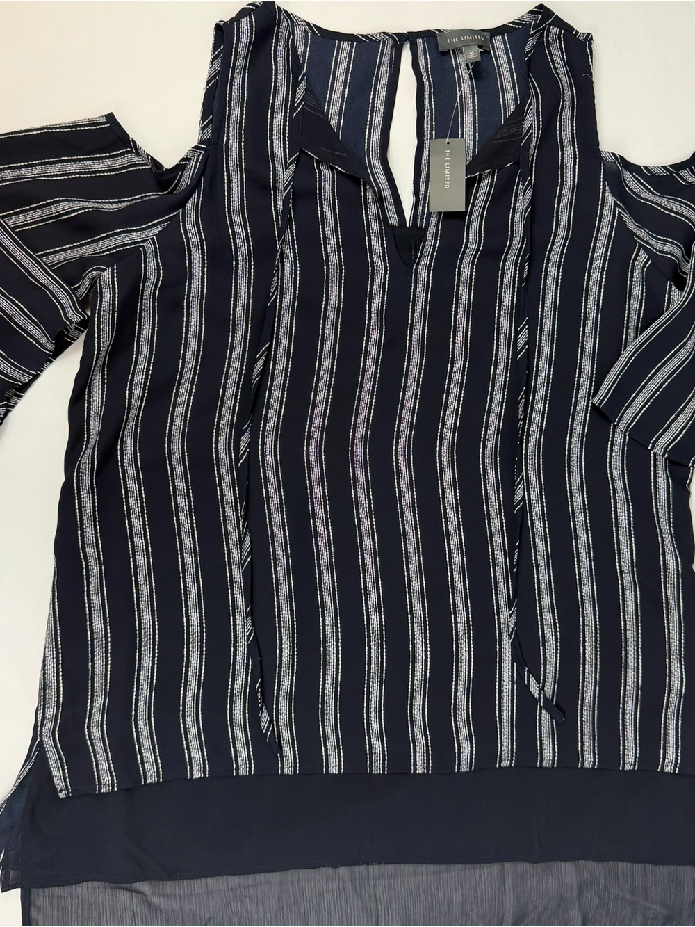 The Limited NWT Navy White Striped Cold Shoulder Layered Blouse Medium